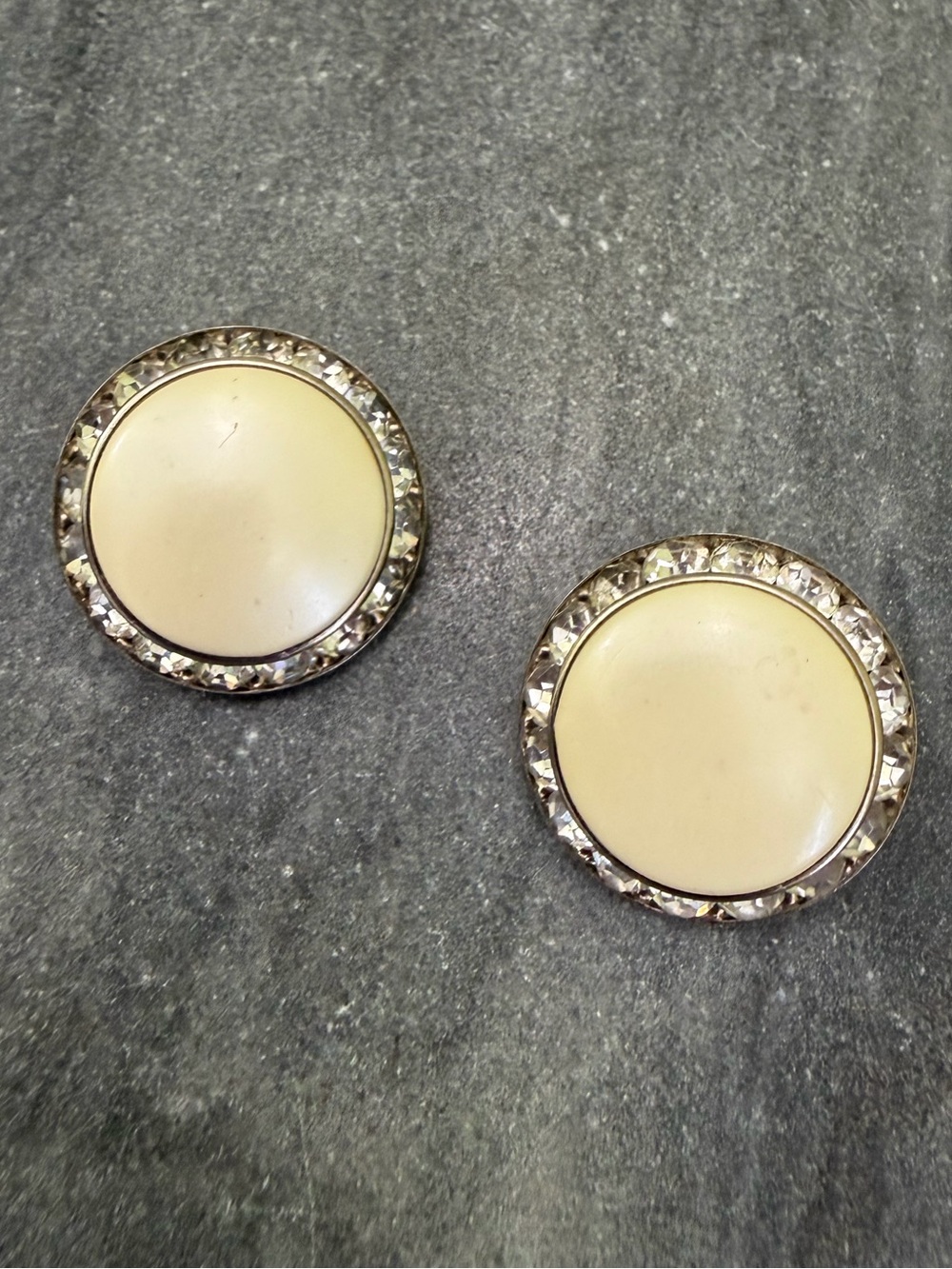 Vintage Coro Cream Faux Pearl Rhinestone Halo Button Clip On Earrings